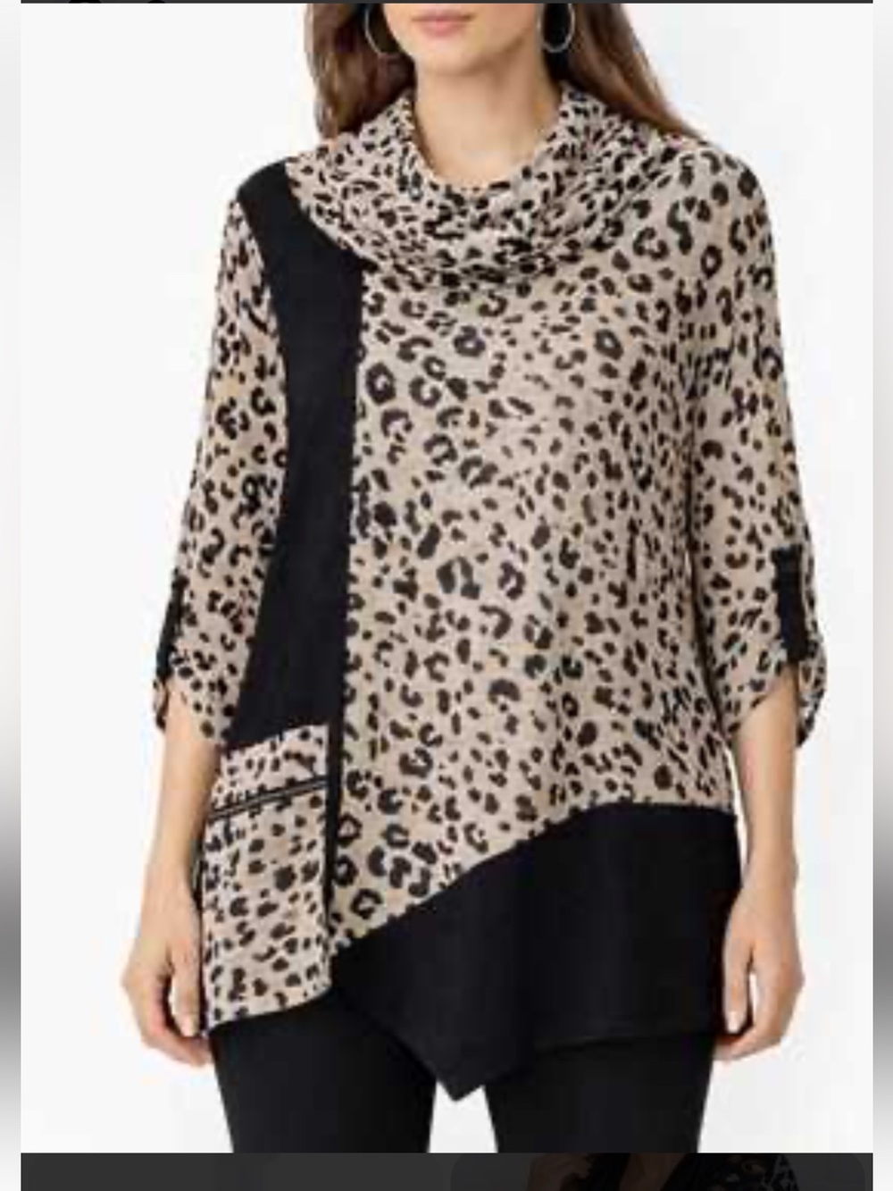 Ali Miles Womens 3X Cowl Neck Leopard Tunic Top 3/4 Sleeve Beige Black Pocket